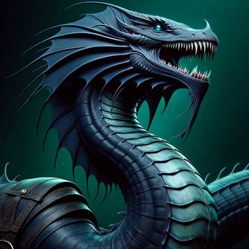 DALL·E 2024-02-16 23.12.37 - A fantasy-style sea serpent with smooth, dark blue skin, looking directly at the viewer with its mouth open wide to reveal sharp, pointed teeth, its b.jpg