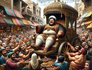 DALL·E 2024-02-16 23.57.49 - A Persian prince around 30 years old, overweight, with a joyful smile on his face, is depicted sitting in an ornate sedan chair carried by four muscul.jpg