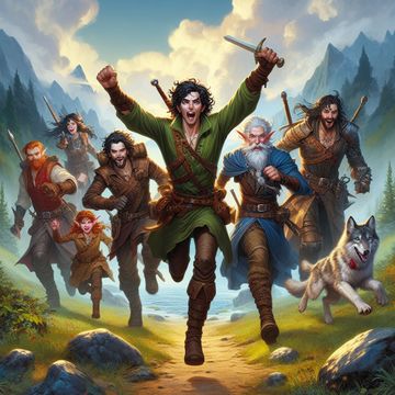 Adventurers including one human, one dwarf, one elf, one gnome and a wolf human running to the viewer shouting out loud.jpg