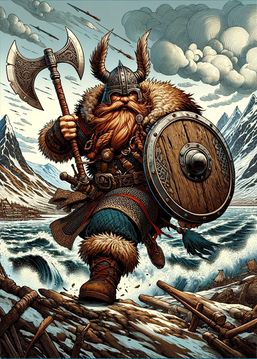 DALL·E 2024-02-17 00.13.20 - Illustrate a dwarf warrior in mid-battle stance, wielding an axe and shield, set against a Nordic landscape with mountains and a tumultuous sea. The w.jpg